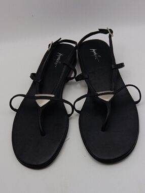 BLACK WOMEN'S LEATHER T-STRAP SANDALS WITH SILVER ACCENT SIZE 8